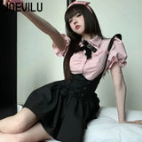 Huibaolu Strap Skirt Set Lovely Fly Sleeved Shirt with Bow Tie Bandage Black Mini Skirts 2 Piece Sets Babes Kawaii Y2k Outifits