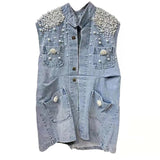 Huibaolu Luxury Pearls Women Denim Vest 2024 Harajuku Loose Pocket Sleeveless Jeans Jacket Woman Summer Fashion Cowboy Waistcoat