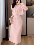 Huibaolu Elegant Women Pink 2 Pieces Set 2024 Autumn Tassel Long Sleeve Coat A-line Chic Midi Skirt Spring Y2k Lady Dress Suits