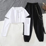 Huibaolu Removable Sleeve with Chain Top Handsome Casual Waistband Cargo Pants 2 Piece Sets Women's Outfits Spring Summer Suits