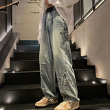 Huibaolu Y2K Vintage Streetwear Jeans Women Harajuku Star Aesthetic Wide Leg Denim Trousers High Waist Unisex Couple Straight Pants