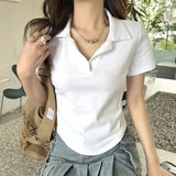 Huibaolu Polo Neck T-shirt Girls' Slim Fit Short Sleeve Crop Top Summer Korean Fashion White Tops Niche Y2k Tee Women Clothes