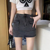 Huibaolu Khaki Denim Cargo Mini Skirt Women 2024 Summer High Waist Bag Hip Skirts Female Sexy Skinny Pocket Anti-Glare Short Skirts