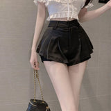 Huibaolu 2024 Summer New Pleated Shorts Women Sexy Lace Patchwork Satin Shorts Ladies Korean Fashion High Waist A-Line Short Pants