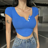 Huibaolu High Street Y2K Cropped T-Shirt Women Sexy Skinny V-Neck Basic Crop Tops Female Summer Slim Fit White Short Sleeve Tees