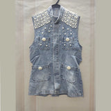 Huibaolu Luxury Pearls Women Denim Vest 2024 Harajuku Loose Pocket Sleeveless Jeans Jacket Woman Summer Fashion Cowboy Waistcoat