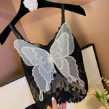 Huibaolu Sexy Fashion Summer Solid Color Versatile Design Sense Butterfly Vest Suspenders Mesh Top