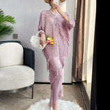 Huibaolu end pleated dress new V-neck tassel bat sleeve gilded oversized wrap buttocks long dress women dress