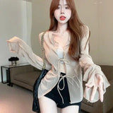 Huibaolu Perspective Cardigan V-neck Long Sleeve Chiffon Shirt Women's Thin Loose Lace-up Tops Summer Casual Chic Sunscreen Coat