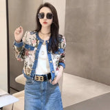 Huibaolu Fashion Roses Print Short Denim Coat Female Temperament O Neck Single Breasted Women Vintage Casual Jean Jacket Chaquetas