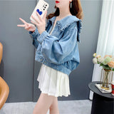 Huibaolu Style Sweet Ruffles Women's Short Denim Jacket Ladies Peter Pan Collar Retro Jean Coat For Women Long Sleeve Outwear Tops