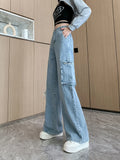 Huibaolu Retro American Autumn Loose Women Jeans Light Blue High Waist Casual Woman Jeans Fashion Street Basic Straight Leg Pants