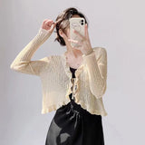 Huibaolu Women Summer Sun Protection Coat Fashion Lace Up Ruffle Thin Knit Cardigan Female Candy Colors Sweet All-Match Crop Tops