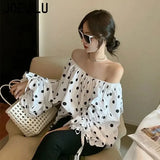 Huibaolu Polka Dot Shirt Off Shoulder Bubble Sleeve Tops Women's White Loose Simple Top French Casual Blouse In Spring and Summer