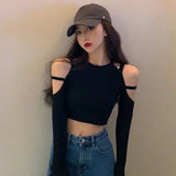 Huibaolu Holllow Out Crop Tops Off Shoulder Sexy Long Sleeve T-shirt Women's Korean Harajuku High Waisted Skinny Bottoming Shirts