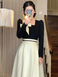 Huibaolu Hepburn Women Dresses Spring Korean Fashion Chic Square Collar Bow Long Sleeve Vestidos Patchwork Prom A Line Dress New