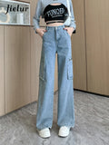 Huibaolu Retro American Autumn Loose Women Jeans Light Blue High Waist Casual Woman Jeans Fashion Street Basic Straight Leg Pants