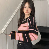 Huibaolu Y2K Street Sweaters Women Korean Style Striped Cropped Sweater Female Autumn Long Sleeve O-Neck Knitted Pullovers Tops