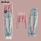 Huibaolu Women's 2024 Summer New Jeans Matching Set Korean Elegant Strap Blouse Letter Denim Pants Three Piece Female Chic Trousers Suit