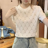 Huibaolu 2024 New Unique Puff Sleeve Design Sense Niche Diamonds Plaid Tank Top Space Pattern Short Sleeve Women's Knitted Top