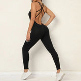 Huibaolu Backless Bodycon Scrunch Jumpsuit Raises Butt Women Dance Fitness Overalls Push Up Sleeveless Yoga Sport Jump Suit Black