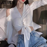 Huibaolu Shoulder V-neck Shirt Chic Lace Up Long Sleeve Crop Top French Sexy Blouse Women Korean Style Spring and Summer Elegant Tops