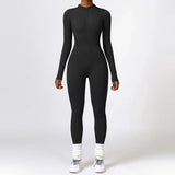 Huibaolu Ribbed Seamless Gym Yoga Jumpsuit Women Sportswear Autumn Winter Long Sleeve Zipper Fitness Sport Overalls One Piece Outfit