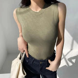 Huibaolu Summer Sleeveless T Shirts for Women Simple Soft Elastic Skinny Basic T-Shirt Solid Color O Neck Bottoming Tops Female