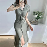 Huibaolu Korean Fashion Women Long Dress Summer Elegant Drawstring V-Neck Maxi Dress Female Slim Fit Split Evening Party Vestidos