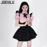 Huibaolu Strap Skirt Set Lovely Fly Sleeved Shirt with Bow Tie Bandage Black Mini Skirts 2 Piece Sets Babes Kawaii Y2k Outifits