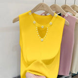 Huibaolu Knitted Suspender Vest Women Wear Summer 2024 New Beaded Design Sleeveless Slim Women Top