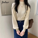 Huibaolu Lantern Sleeve Sweater Women Turtleneck Office Lady Pure Color Knitted Pullover Loose White Khaki Sweaters for Women