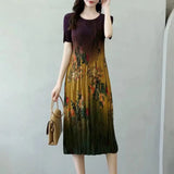 Huibaolu Dress Summer Mid length Large Short Sleeve Printed Elastic Pleated Dress long dress Loose Fit