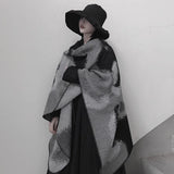 Huibaolu Retro White Print Poncho Cardigan Faux Cashmere Women Shawl Scarf Jackets Tie-dye Black Blanket Cape Pashmina Claok Coats