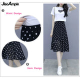 Huibaolu Summer New Short-sleeved T-shirt Chiffon Polka Dot Skirt Two-piece Set Women's All-match White Top Black Midi Skirts Suit