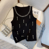 Huibaolu Thin Sweater Diamond Pearl O-Neck Knit Vest Pullover T-Shirt Sleeveless Casual Black Slim Women's Tops Ladies Tight Tees