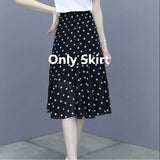 Huibaolu Summer New Short-sleeved T-shirt Chiffon Polka Dot Skirt Two-piece Set Women's All-match White Top Black Midi Skirts Suit