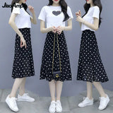 Huibaolu Summer New Short-sleeved T-shirt Chiffon Polka Dot Skirt Two-piece Set Women's All-match White Top Black Midi Skirts Suit