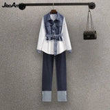 Huibaolu Women's Spring New Casual Blouse Denim Pants Matching Set 2024 Korean Elegant Chic Fake Two Piece Long Sleeved Top Jeans Suit