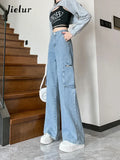 Huibaolu Retro American Autumn Loose Women Jeans Light Blue High Waist Casual Woman Jeans Fashion Street Basic Straight Leg Pants