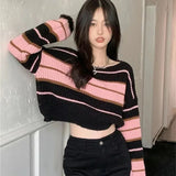 Huibaolu Y2K Street Sweaters Women Korean Style Striped Cropped Sweater Female Autumn Long Sleeve O-Neck Knitted Pullovers Tops