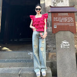 Huibaolu Mujer De Moda Elegant Women's Pink Ruffles Sleeveless Square Neck Shirt Summer Sexy Blouses Korean Elegant Runway Tops