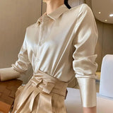 Huibaolu High Quality Imitate Silk Shirt Women Korean Fashion Turndown Collar Office Satin Blouse Ladies Elegant Long Sleeve Blusas