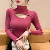 Huibaolu Neck Beaded Diamond Sweater Undershirt Women's Autumn and Winter New Cutout Design Sense Niche Top