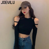 Huibaolu Holllow Out Crop Tops Off Shoulder Sexy Long Sleeve T-shirt Women's Korean Harajuku High Waisted Skinny Bottoming Shirts