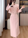 Huibaolu Elegant Women Pink 2 Pieces Set 2024 Autumn Tassel Long Sleeve Coat A-line Chic Midi Skirt Spring Y2k Lady Dress Suits