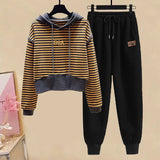 Huibaolu Women's Tracksuit 2024 Fall/Winter New Striped Embroidered Sweater + Cotton Pants Two-piece Korean Casual Hoodies Trousers Suit