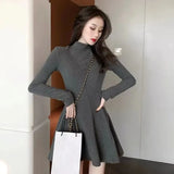 Huibaolu Women Elegant Waist-Tight Mini Dress 2024 Autumn Winter Long Sleeve Slim Dresses Woman Korean Fashion Party Pleated Dress