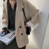 Huibaolu Vintage Loose Blazers Women Elegant Simple Solid Double-Breasted Casual Outwear Female Korean Fashion Business Suit Coat