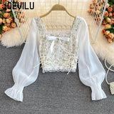 Huibaolu Floral Lace Crop Tops for Women Chic Shirt High Waist Skinny Exposed Navel T-shirt Korean Fashion Y2k Aesthetics Blouse